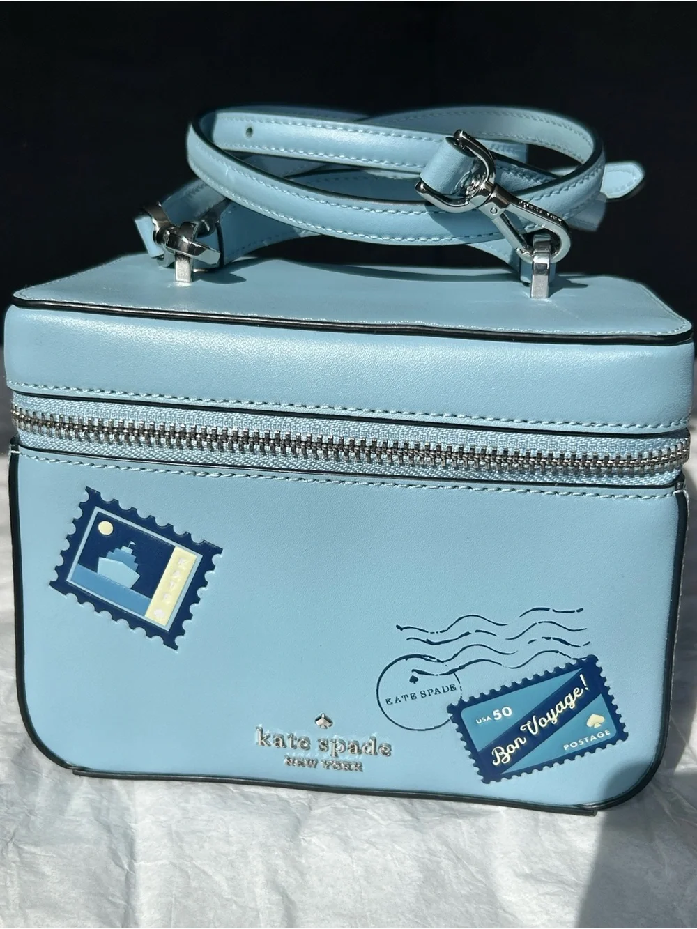 NWT Kate Spade New York Leather Stamp Prints Crossbody Travel Case Bag Aqua